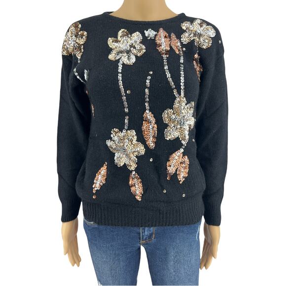 The Newsletter SMALL VINTAGE 90s Sweater Black Silk Angora Wool Floral Sequin - Picture 1 of 6